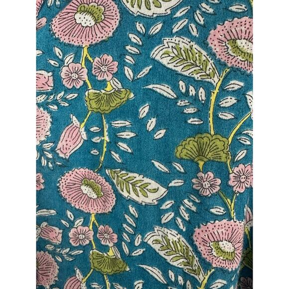 Natural Life Size M Boho 70s Block Print Button Down Shirt Blue Floral Vines - Picture 4 of 9